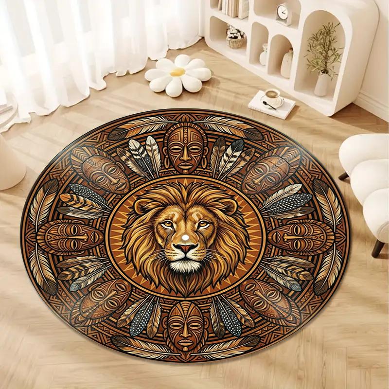 Retro Mandala Lion Round Area Rug,Carpet Rug for Living Room Bedroom Sofa Playroom Decor,Non-slip Floor Mat Q0037