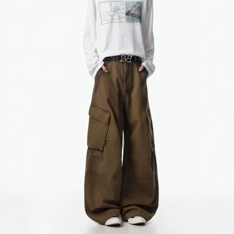 Vintage Washed Pleated Cargo Pants Loose Wide Leg Multi-Pocket Trousers Men Women