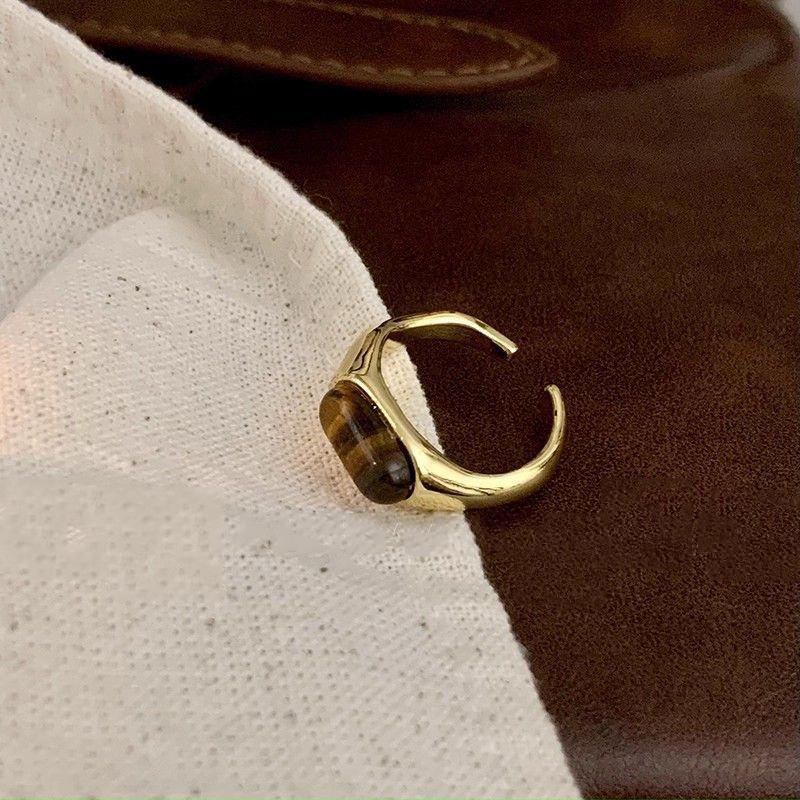 Elegant Geometric Square Brown Stone Rings for Women Men Vintage Fashion Metal Opening Rings Birthday Gifts Jewelry Accessories