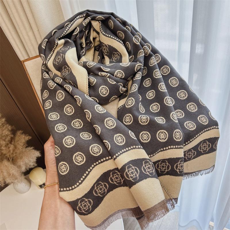 Winter Polka Dot Camellia Age-reducing Scarf Shawl Double-sided Printing Imitation Cashmere Scarf High-end Scarf Multi-function