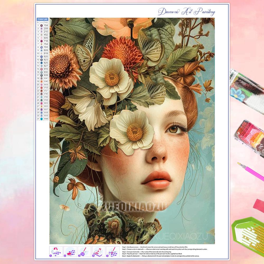 Full Diamond Painting Beauty Girl Flowers Abstract Art Diamond Mosaic Embroidery Rhinestone Cross Stitch Kit Home Wall Decor