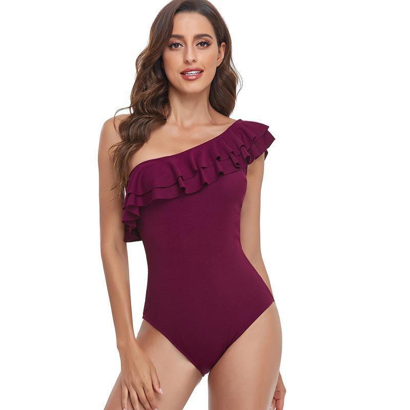 Womens Solid Color Ruffled Backless One Piece Swimsuit With Padded Bust No Underwire Sleeveless