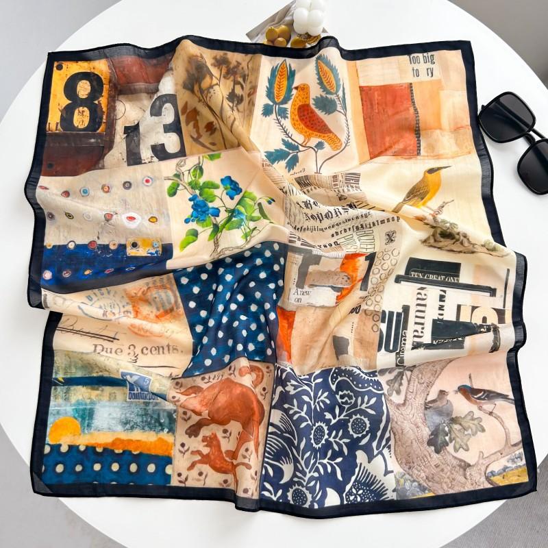 New spring and summer light and breathable 61 * 61cm square scarf versatile printed mulberry silk cotton blended women's silk scarf