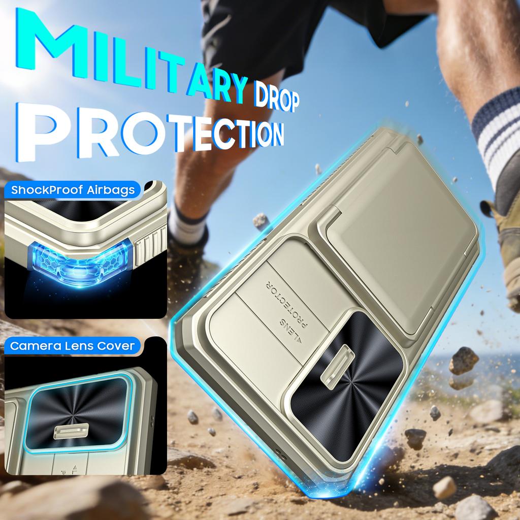 With Card Holder Sliding Camera Cover And Stand For Samsung Galaxy S26 Ultra Phone Case, Anti-Fall PC+TPU Wallet Case-Champagne