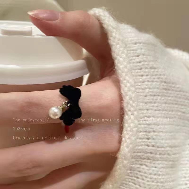 Burgundy Flocking Women's Autumn and Winter Ring Niche Personality Design Simple Index Finger Opening Adjustable Bow