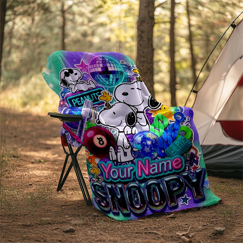 Custom Name Snoopy Flannel Fleece Blanket Cozy Warm Throw Blanket For Couch Bed Travel All Season Use