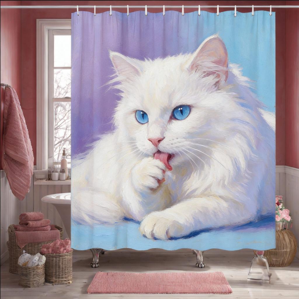 Artistic Black Cat Shower Curtain 1pc – Painted Style with Vibrant Colors, Cute Pet-Themed Bath Curtain for Home and Cat Lovers