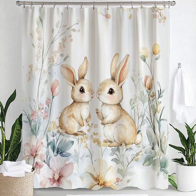 1pc Cute Rabbit Cheerful Shower Curtain, Flower Plant Print Waterproof Shower Partition Privacy Hanging Curtain with Hooks
