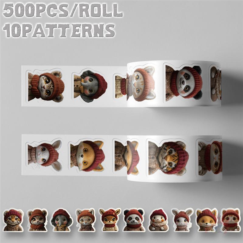 500Pcs/Roll Q Animals Wearing Knitted Hat Kids Rewards Stickers - DIY Scrapbooks Album Decor Sealing Label Decals
