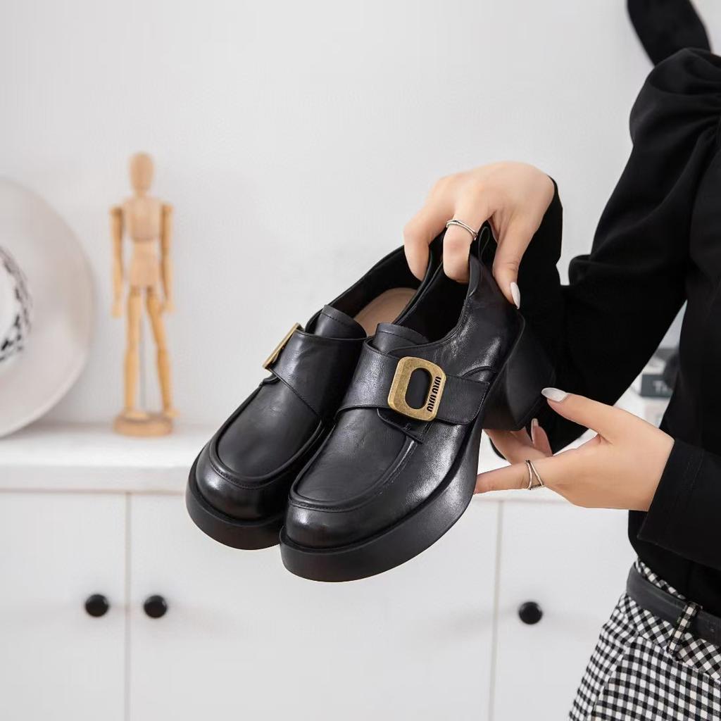 The First Layer of Cowhide British Fashion Women's Single Shoes Autumn New Round Head Platform Shoes Thick Heel Retro Small Leather Shoes