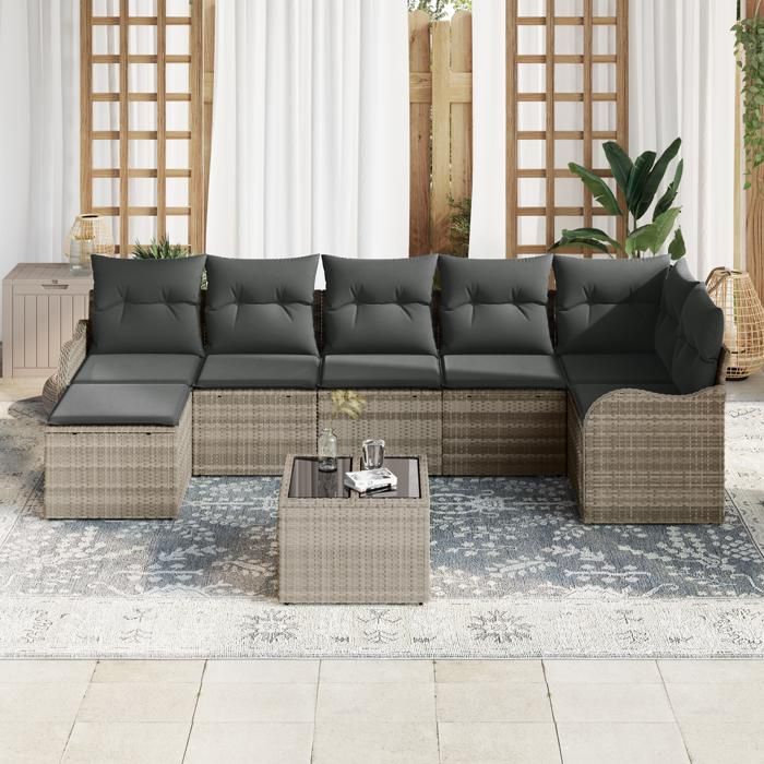 Ensemble de canapé de jardin vidaXL 8 pièces avec coussins gris poly rotin, Canapé de jardin vidaXL 2 places avec coussins 3345802
