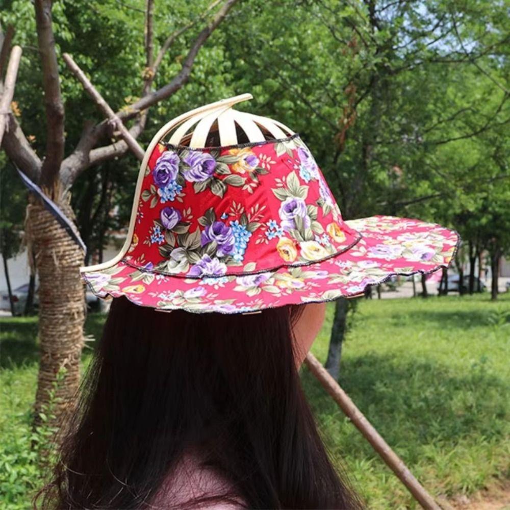 Floral Printed Fan Sun Hats Foldable Bamboo Sunscreen Cap Women Sunhat Folding Fan Hat  for Travel