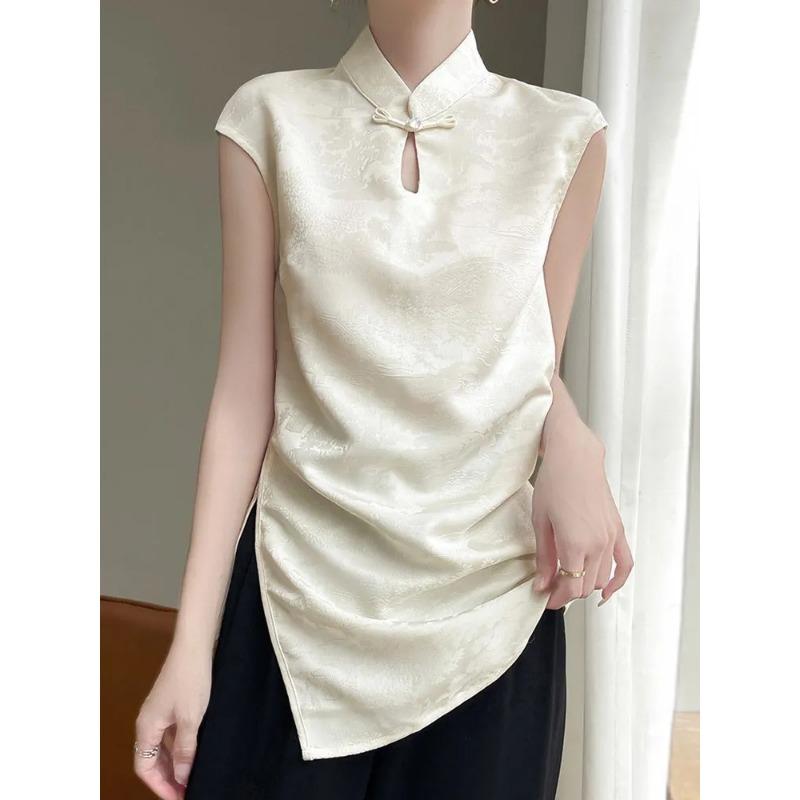 

Women s Top Mandarin Collar with Frog Button Jacquard Fabric S абрикосовий