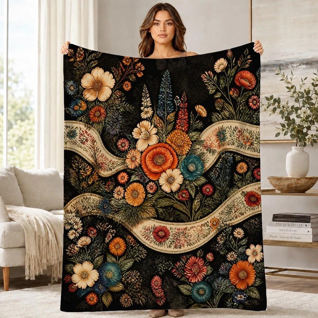 Wildflower Ribbon Tapestry Coral Fleece Blanket Floral Decor