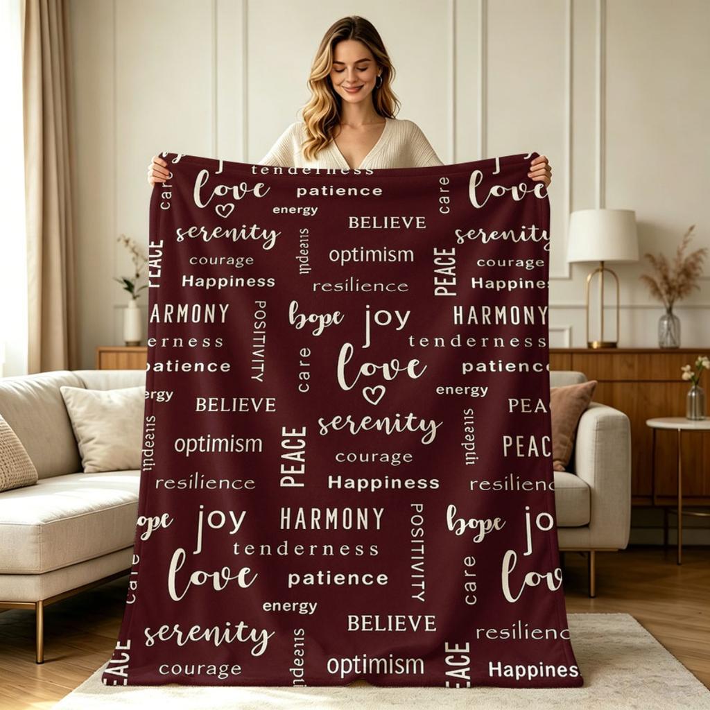 Soft Warm Flannel Blanket with Positive Word Cloud Print All Season Use for Couch Bed Office Living Room Cozy Breathable Lightweight Throw Blanket for