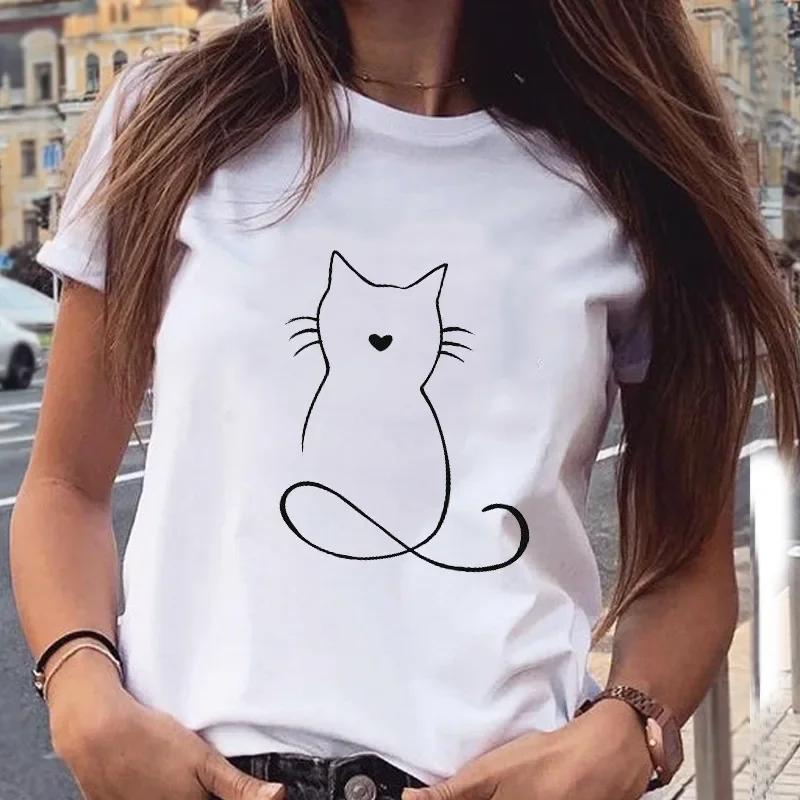 Cute Cat Animal Print T-shirt Round Neck Women's Blouse Fashion Women's Graphic Harajuku Aesthetics