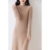 100% Pure Wool Knitted Long Stripe Dress - Autumn/Winter Round Neck Knee-Length Slimming Women's Base Layer