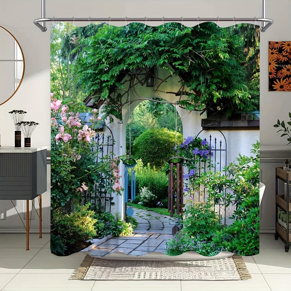 

Charming Garden Arch Bath Curtain - Lush Greenery & Floral Path; Waterproof Home Decor Adds Nature s Beauty to Your Bathroom. W90XH180cm