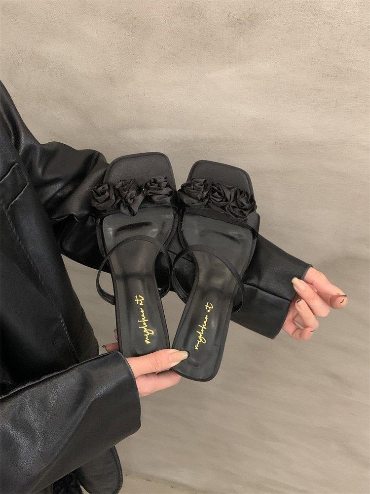 2024 New Summer Fairy Style High-heeled Small Cool Slippers Wearing Purple One-word Drag French Sandals Women's Shoes