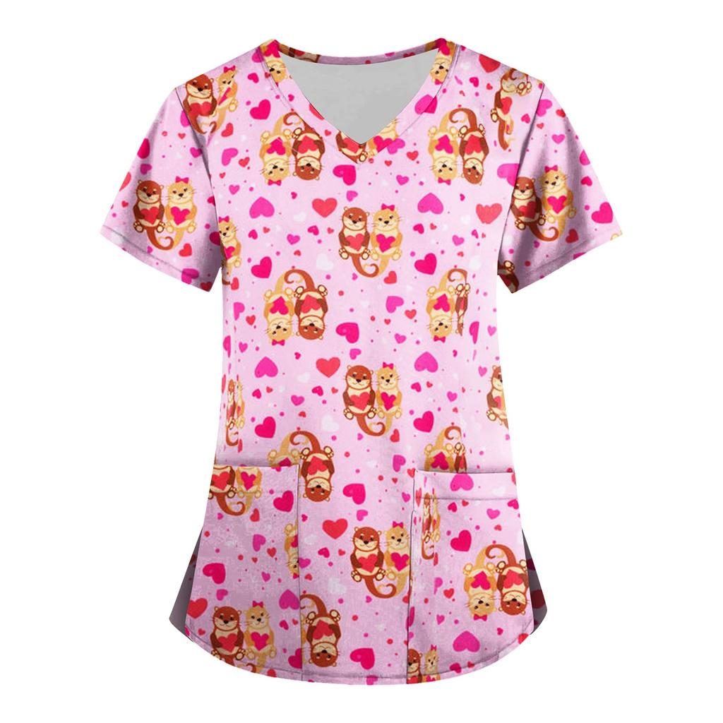 Women's Fashion V-neck Short Sleeve Workwear With Pockets Printed Tops