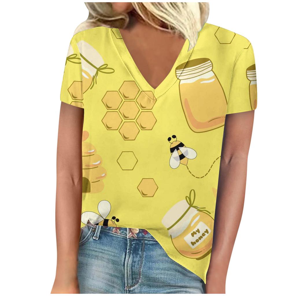 vintage women bee print t shirt short sleeve v neck tops comfortable t-shirts