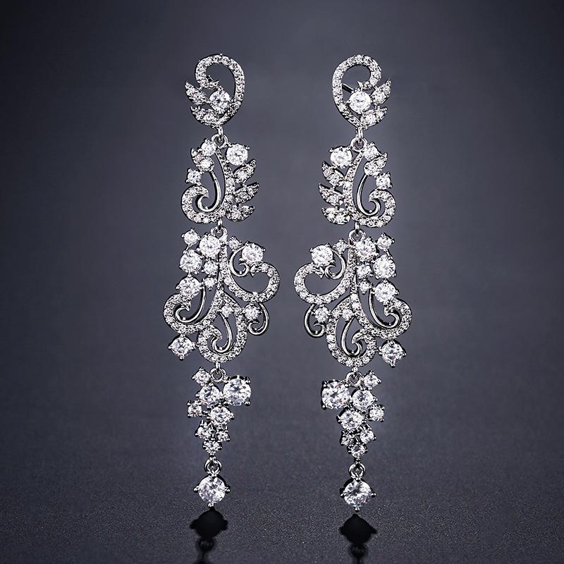 ZAKOL Luxury Shiny AAA Cubic Zirconia Hanging Earrings for Women Imitation Zircon Bridal Long Earring Women's Wedding Zircon