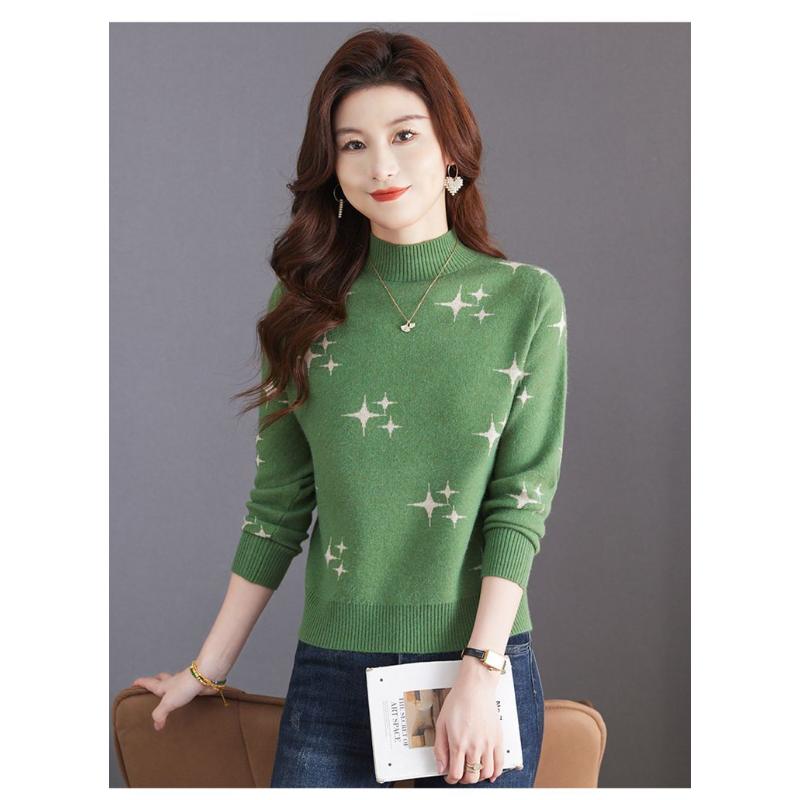 Women's Autumn Winter New Style Wool Sweater Half High Neck Fashion Loose Jacquard Middle Aged Mom Style Base Layer Top