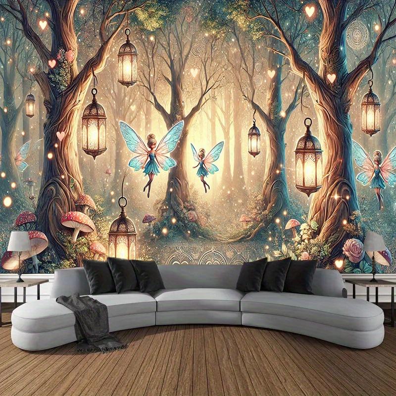 Enchanted Forest Fairy Tapestry With Glowing Lanterns And Mushrooms, Magical Polyester Wall Hanging For Living Room Decor