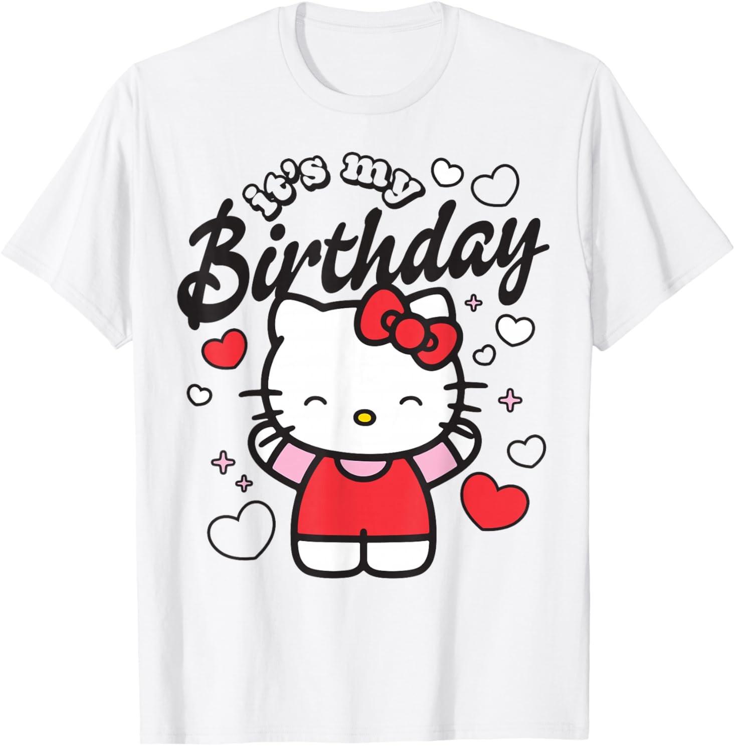 It s My Birthday Hello Kitty Happy Cheer Hearts Adult T-Shirt S