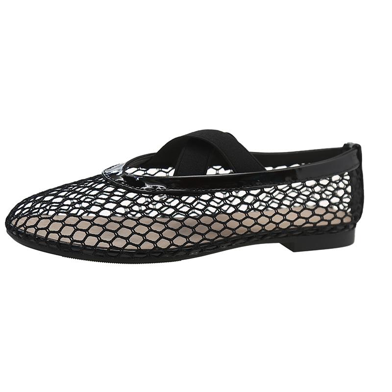 Fashion One-line Belt Mesh Woven Hollowed-out Baotou Semi-drag Women's Shoes Summer New Flat-soled Fisherman's Shoes