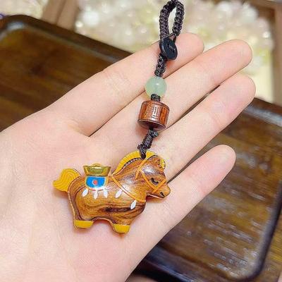Zodiac Horse Wood Carving Pendant with Copper Coin Tassel Keychain and Phone Strap