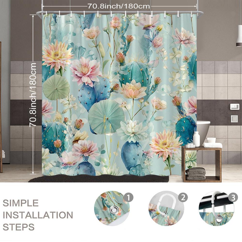 1pc Floral Shower Curtain with Cacti & Water Lily Design - 70.8x70.8 Inch Polyester Fabric Bathroom Decor, Mint Green Botanical