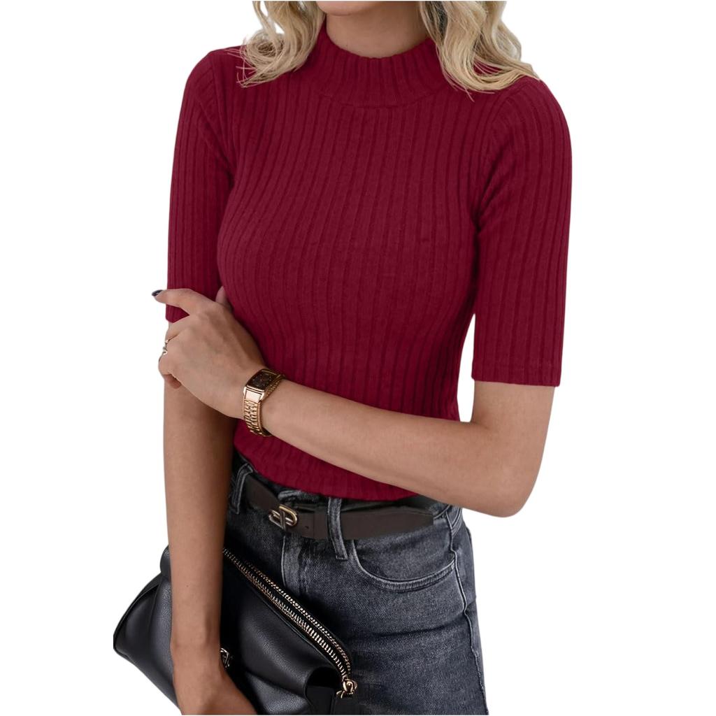 Women’s Ribbed Knit Mock Neck Short Sleeve Slim Fit Pullover Top for Casual or Office Wear Versatile Stretchy Sweater Tee