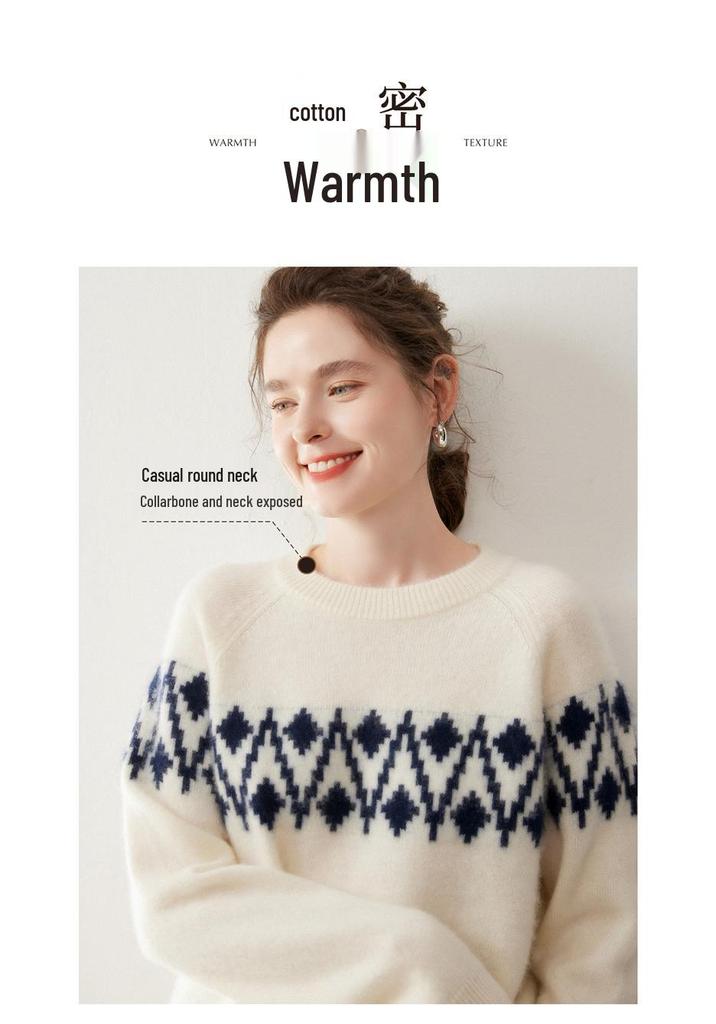 Women's Round Neck Thick Jacquard Cashmere Sweater - Loose Red Fashion Knit for Autumn/Winter