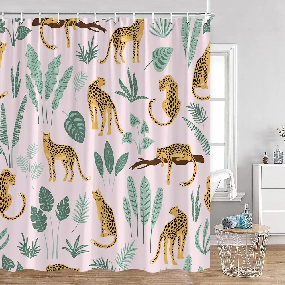 Tropisches Tier Duschvorhang Leopard Wildtier Flamingo Papagei Zebra Grüne Pflanze Palmenblatt Badezimmer Vorhang Dekoration