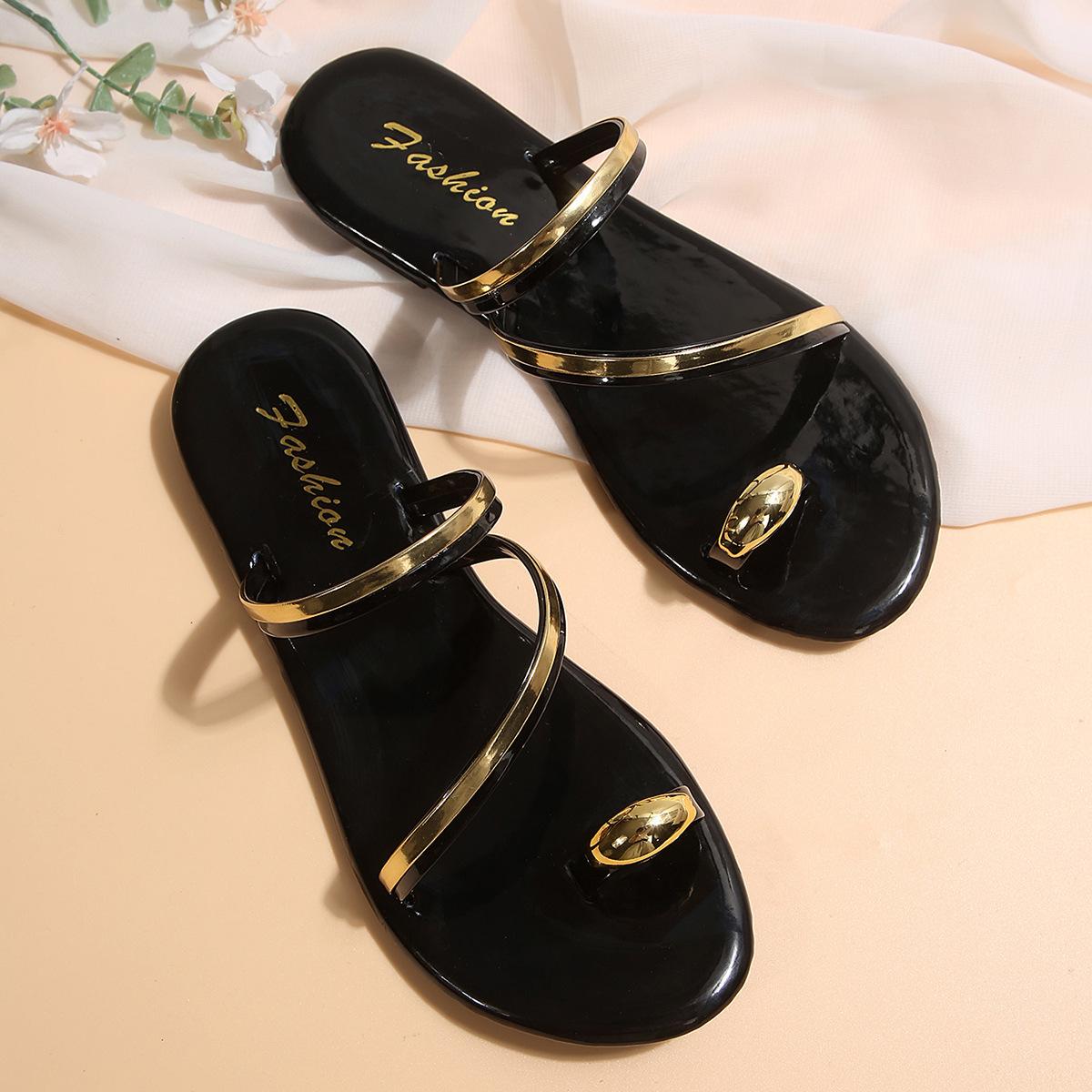 

2025 большой размер, комплект тапочек с плоским дном и открытым носком для женщин на лето, однотонные, на низком каблуке, с блестками, новые тапочки из Европы и Америки 35 чёрный