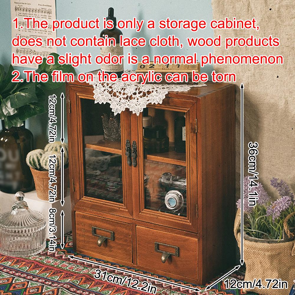 1PC Solid Wood Vintage Double Door Display Cabinet Sundry Cosmetics Drawer Wooden Desktop Storage Box