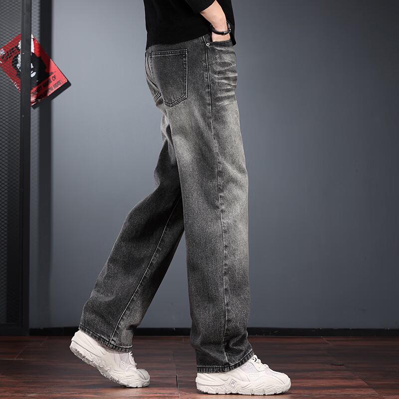 Jie Leinuo Men's American Retro Washed Loose Straight Jeans