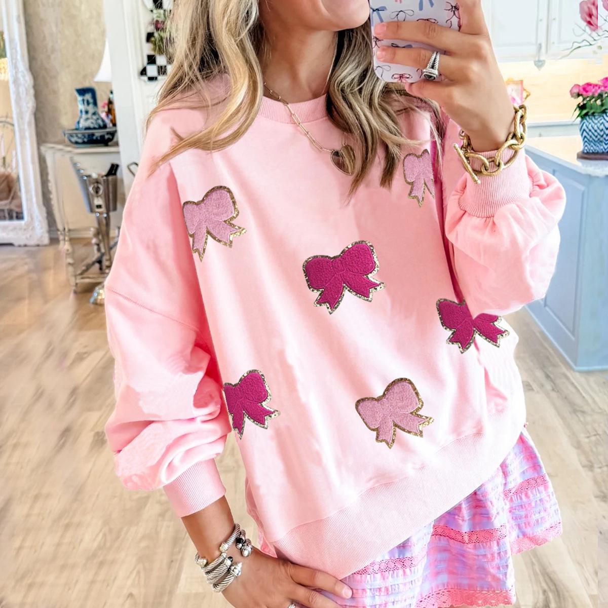 

European & American Embroidered Bow Knot Hoodie for Christmas & Valentine s Day Extra Small розовый