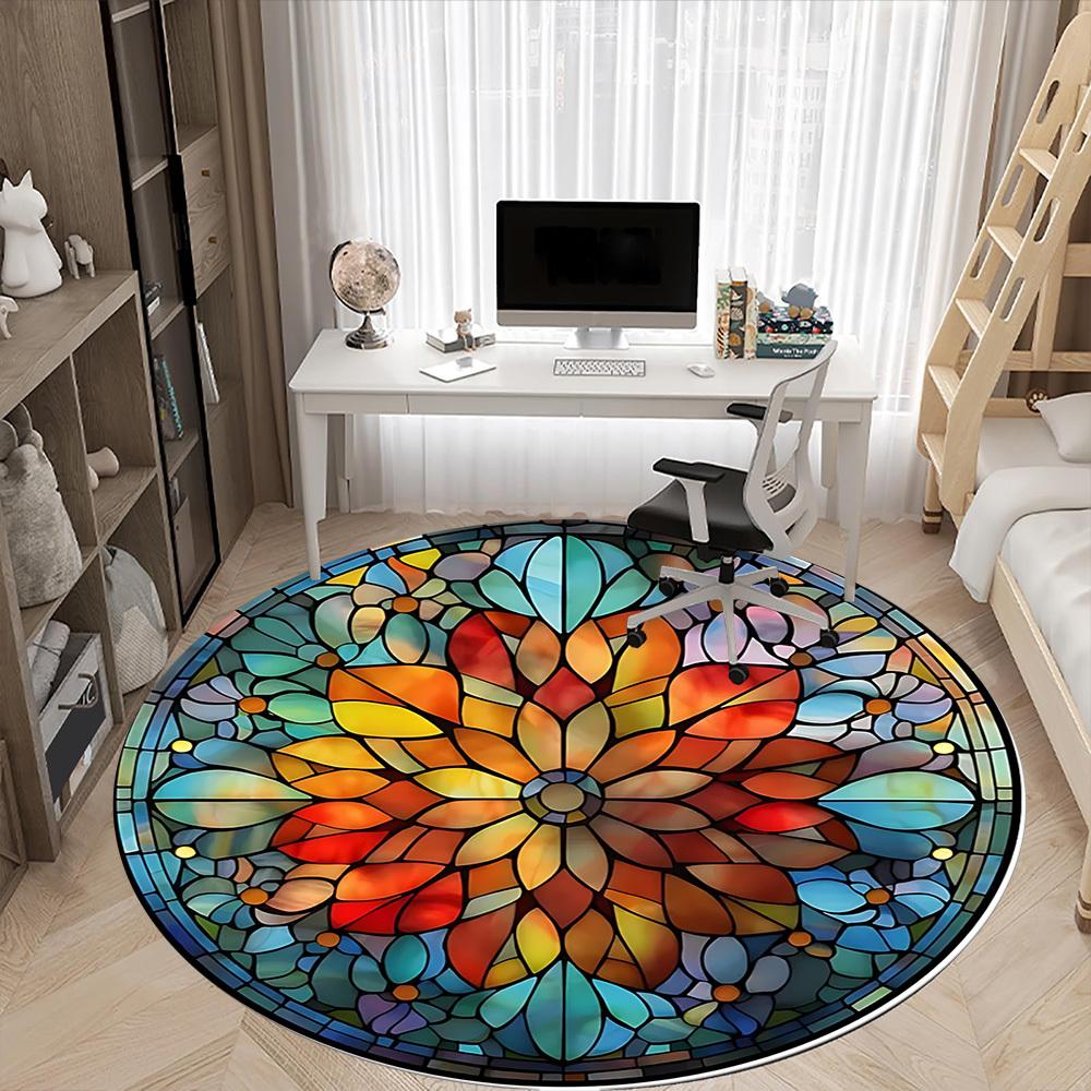1pc Stained Glass Mandala Office Round Area Rug, Under Office Chairs Bedroom Living Room Home Decor, Room Deco