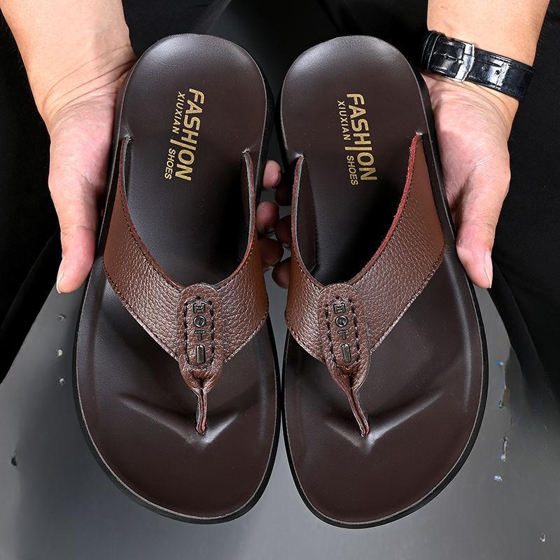 Letní sandály pánské žabky ležérní plážová obuv kůže prodyšná domácí protiskluzové pantofle