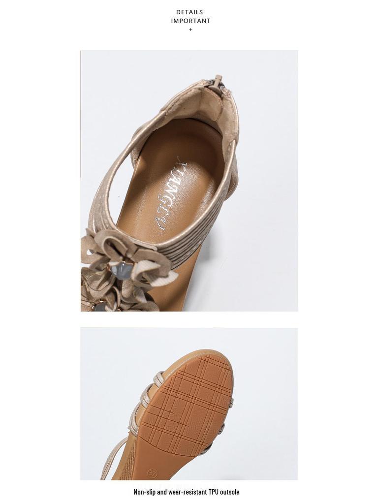 Boho etnické klínové sandály s retro květinovým designem a zadním zipem, edice 2025.