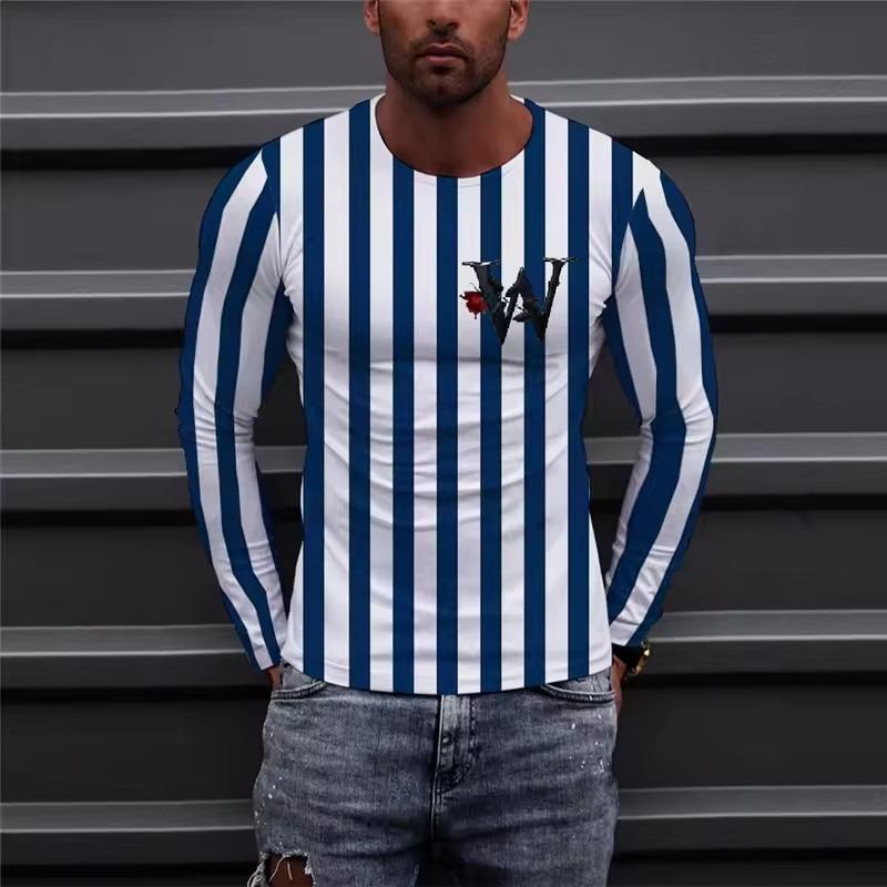 

Long Sleeve Striped Men s Fashion T-Shirts Loose Casual Oversize Breathable Tops 3D Printed Letters Street Hip Hop Male Top Tee S