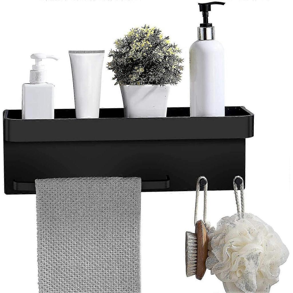 Black Shower Shelf, No Drilling Shower Shelf With Towel Rail And Hook, Aluminum, Rust Proof, For Bathroom And Kitchen