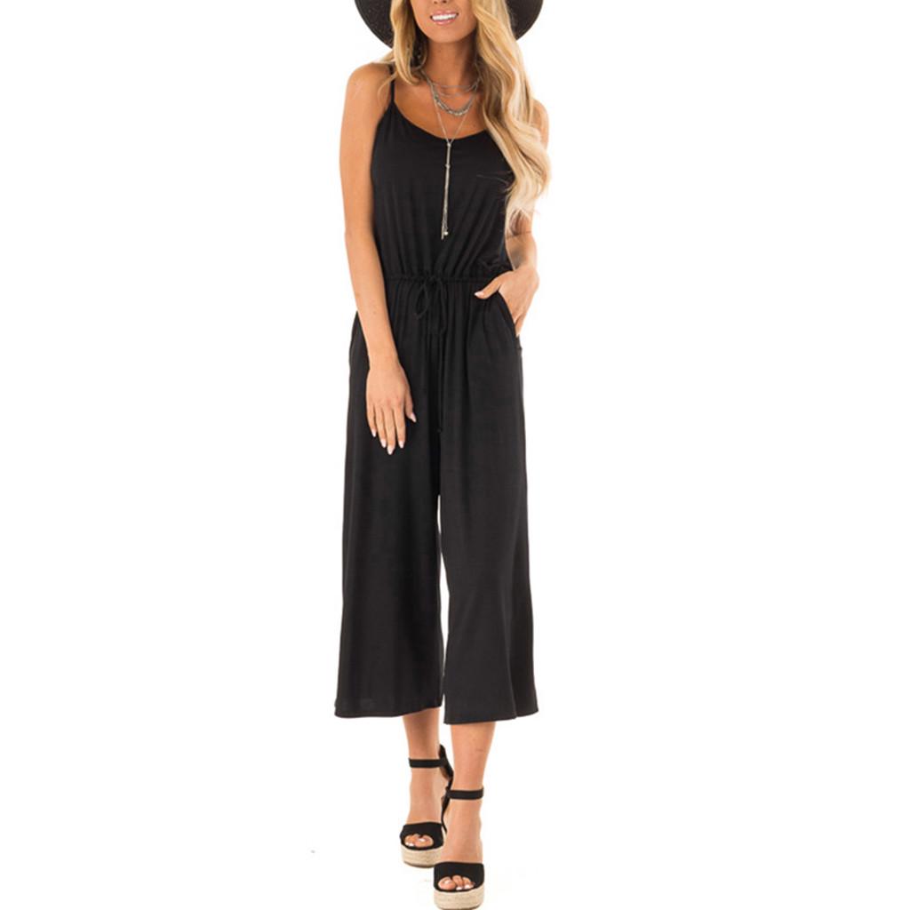 Women Casual O Neck High Waisted Wide Playsuits Beach Jumpsuit with Pockets Women Casual O Neck High Waisted Wide Playsuits Beach Jumpsuit with Pockets