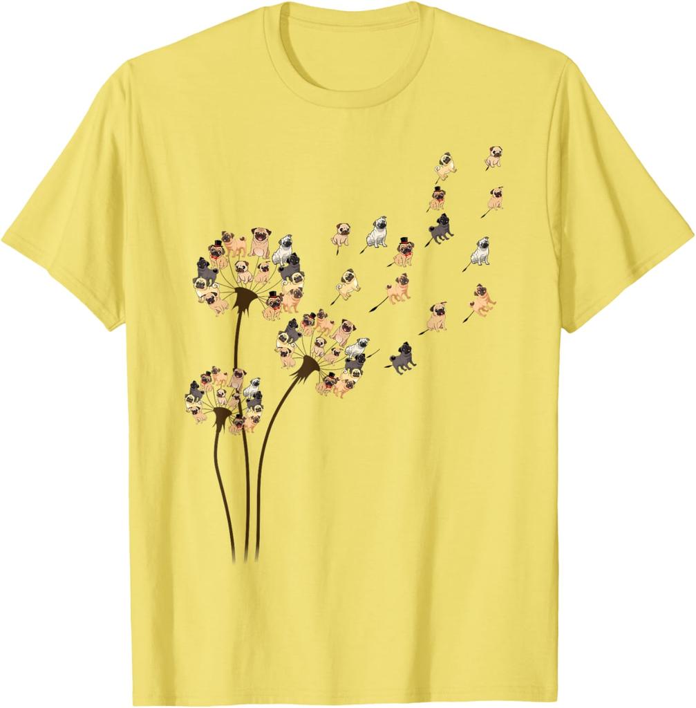 Pug Dandelion Blowing Away Funny Dog Lovers Graphic Tee Casual Cotton TShirt for Men Women