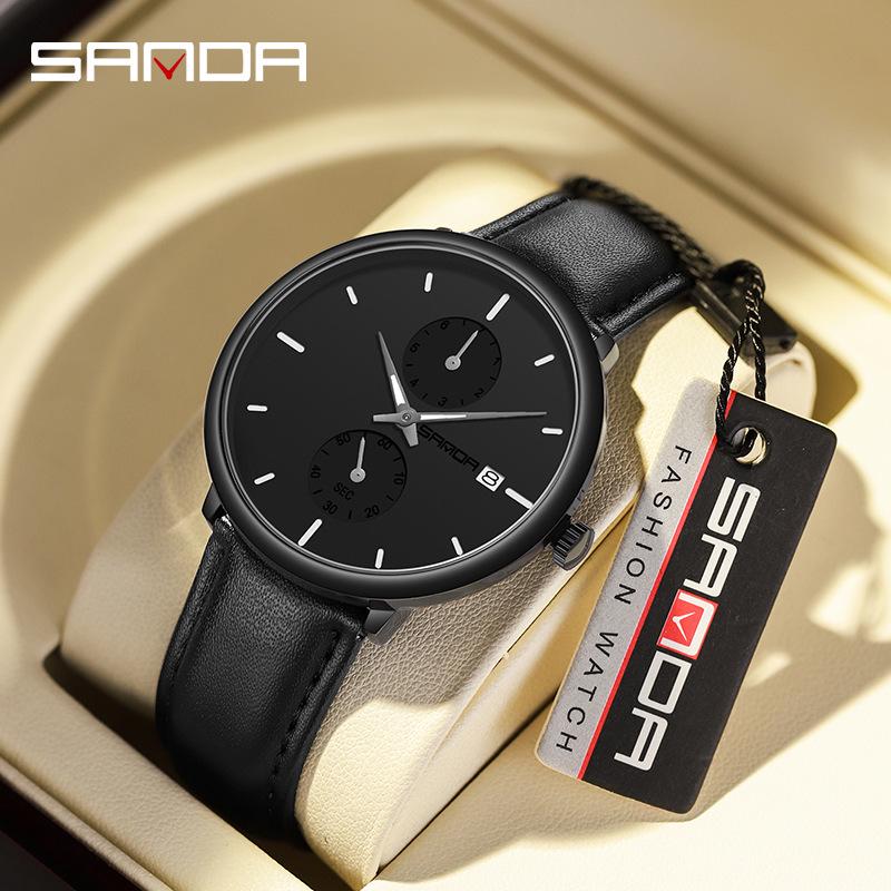 SANDA Men's 3D Leather Strap Waterproof Quartz Mesh Wristwatch - Fashionable & Trendy Calendar Design