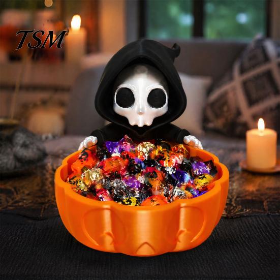 Einzigartige Süßes oder Saures Schüssel Halloween Süßigkeitenschale, 3D-gedruckter Sensenmann Snackhalter Schale, Gruselige Harz Organizer Skelett Servierschale für Zuhause,