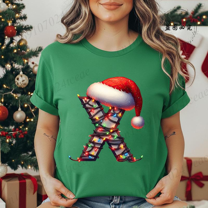 Women's Casual T-Shirt Christmas-lights-wrapped-letter Graphic Tshirt Christmas Design Round Neck Short Sleeve Tee Shirt Clothes