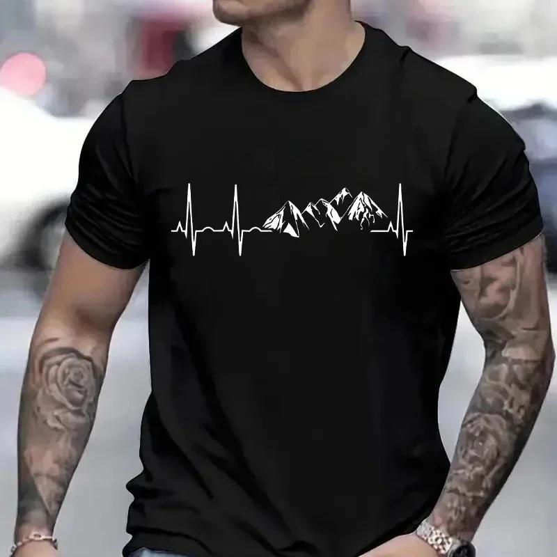 Novelty Mountain Heartbeat Men's T-shirt Pulse Line Tees Climbing Hiking Graphic Y2k Tops Casua